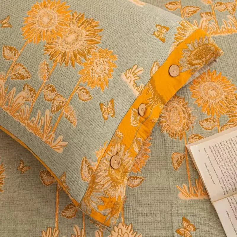 Wende-Bettwäscheset aus Baumwollgaze mit Sonnenblumenmotiv (4-teilig)