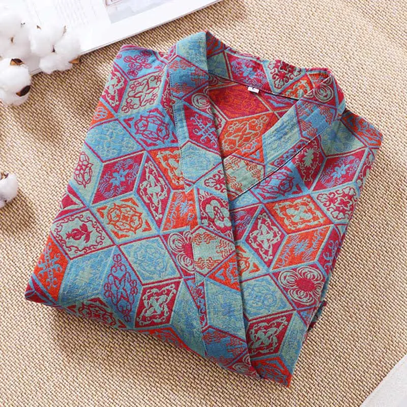 Bademantel aus Baumwollgaze mit geometrischem Rautenmuster im Retro-Stil
