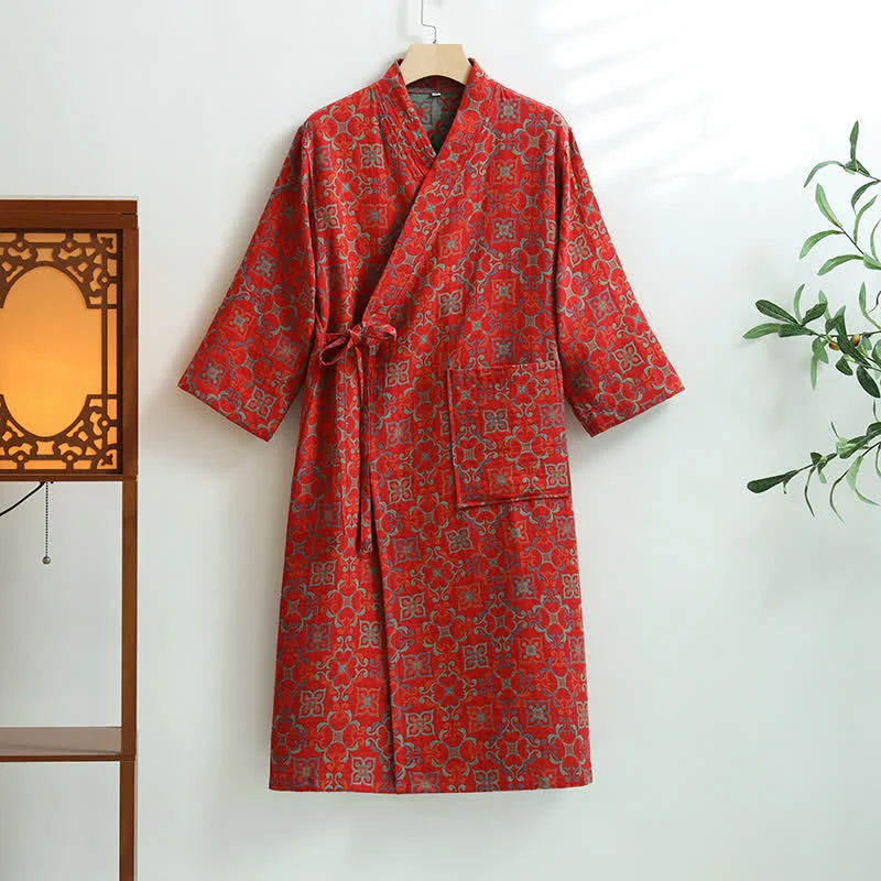 Bademantel aus Baumwollgaze mit Vintage-Blumenmuster und Taschen
