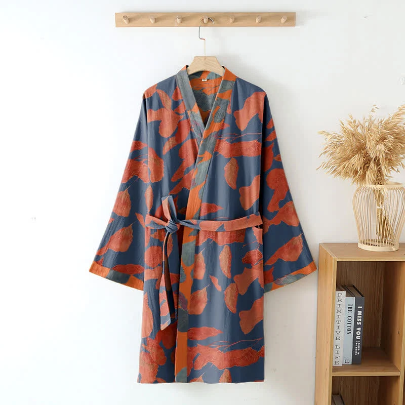Kimono-Robe aus Baumwollgaze mit botanischem Blattmuster