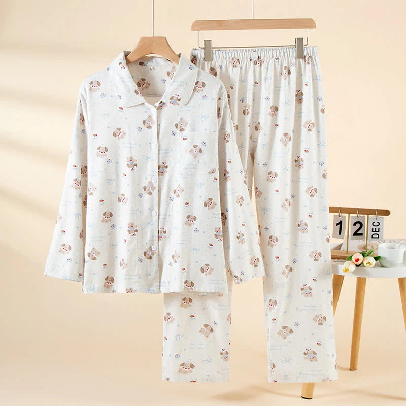 Loungewear-Set aus gebürsteter Baumwolle in Hundebeige