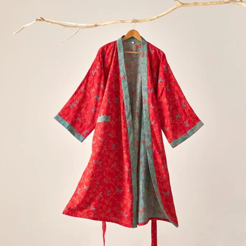 Ownkoti Kimono-Bademantel aus Baumwollgaze im Vintage-Schmetterlingsstil