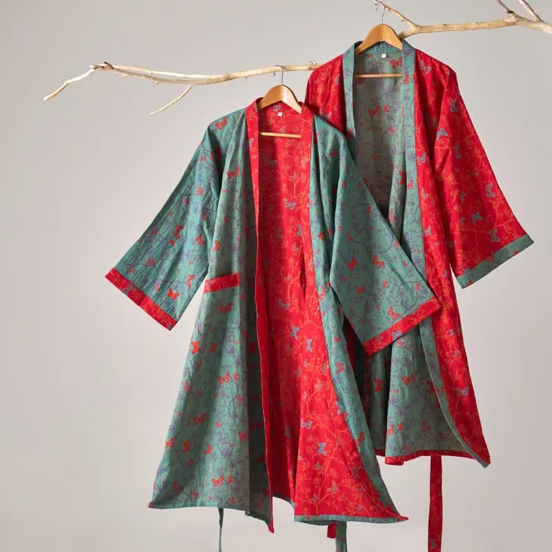 Ownkoti Kimono-Bademantel aus Baumwollgaze im Vintage-Schmetterlingsstil