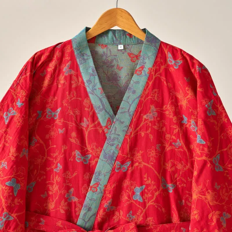Ownkoti Kimono-Bademantel aus Baumwollgaze im Vintage-Schmetterlingsstil