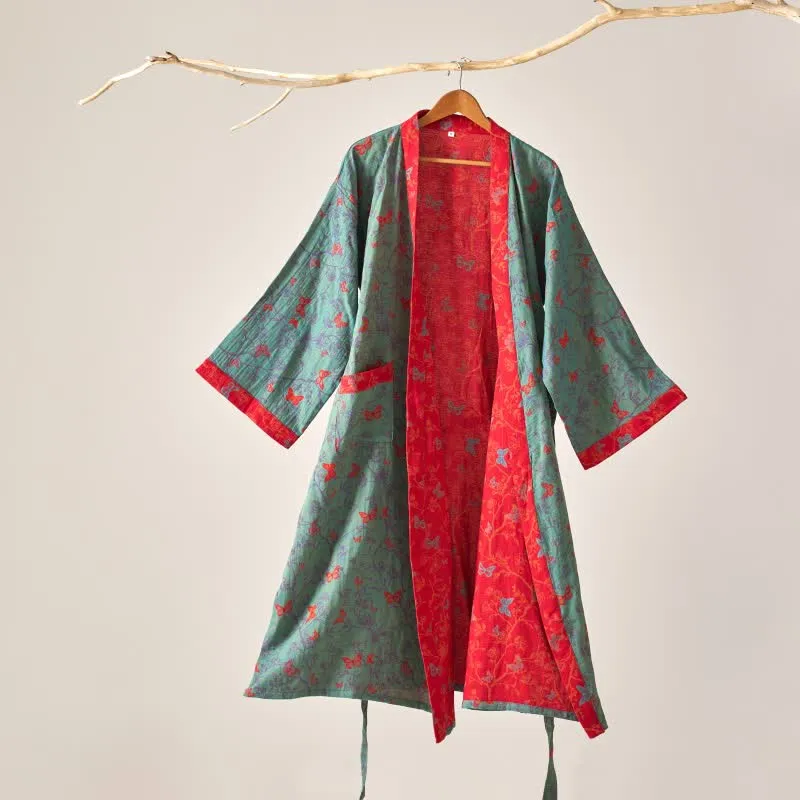 Ownkoti Kimono-Bademantel aus Baumwollgaze im Vintage-Schmetterlingsstil