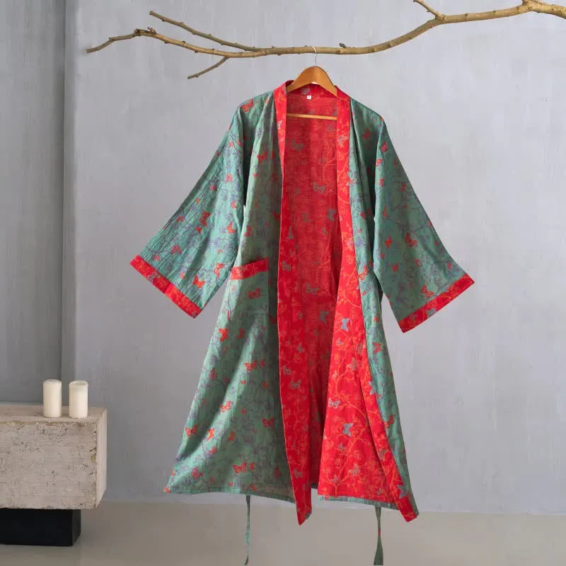 Ownkoti Kimono-Bademantel aus Baumwollgaze im Vintage-Schmetterlingsstil