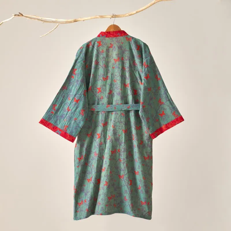 Ownkoti Kimono-Bademantel aus Baumwollgaze im Vintage-Schmetterlingsstil