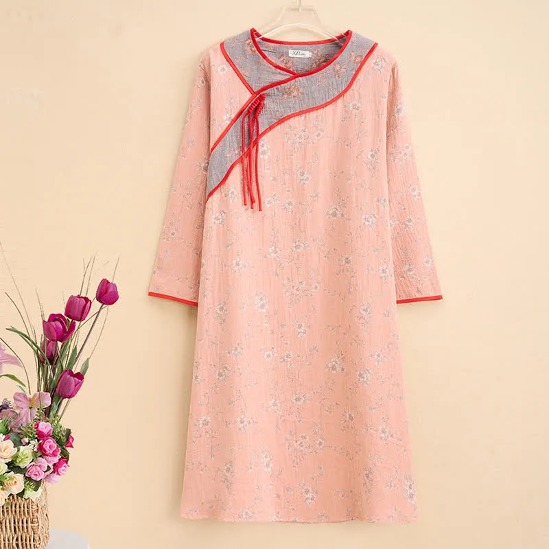 Ownkoti Plus Size Orange Floral Cotton Gauze Nachthemd