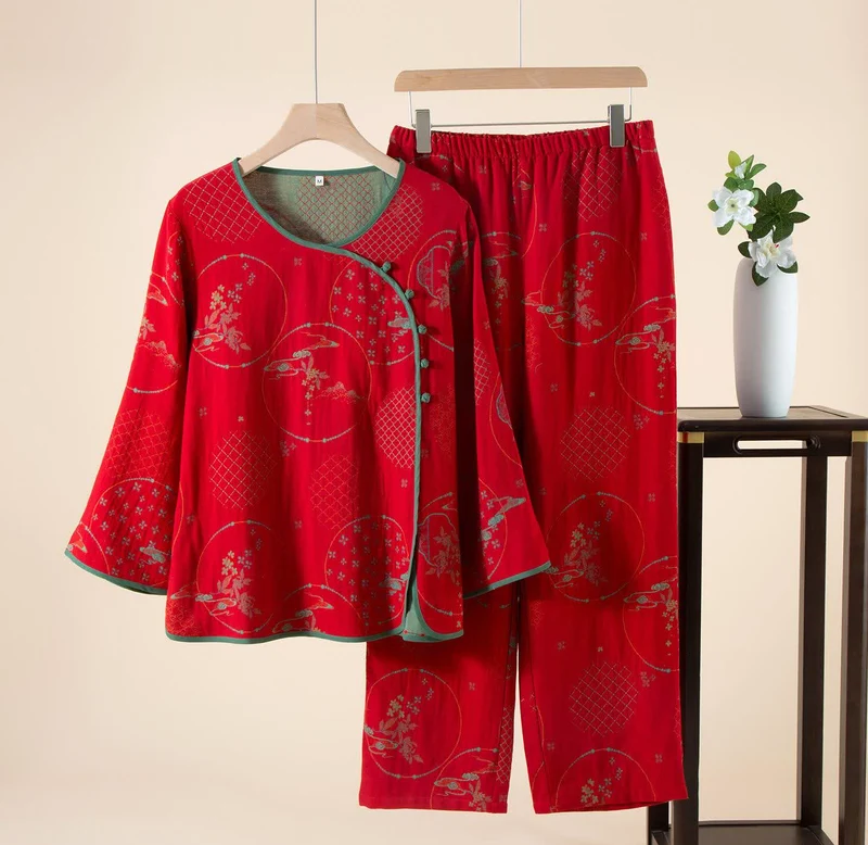 Ownkoti Oriental Retro Jacquard Baumwollgaze Loungewear
