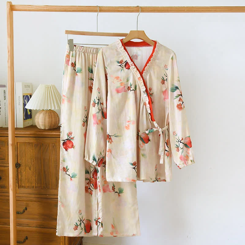 Granatapfelblüten-Pyjama-Set aus Bambusfaser