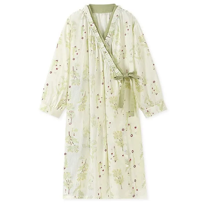 Langärmeliges Kimono-Nachthemd aus Baumwollgaze
