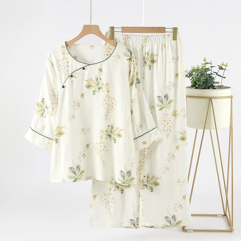 Pyjama-Set mit Rundhalsausschnitt und Blumenmuster aus Bambusfaser