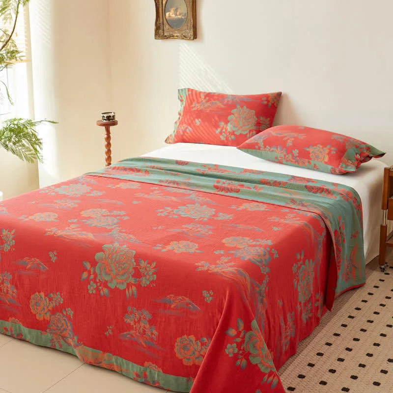 Wende-Bettdecke aus garngefärbtem Jacquard-Baumwollgaze in Pfingstrose