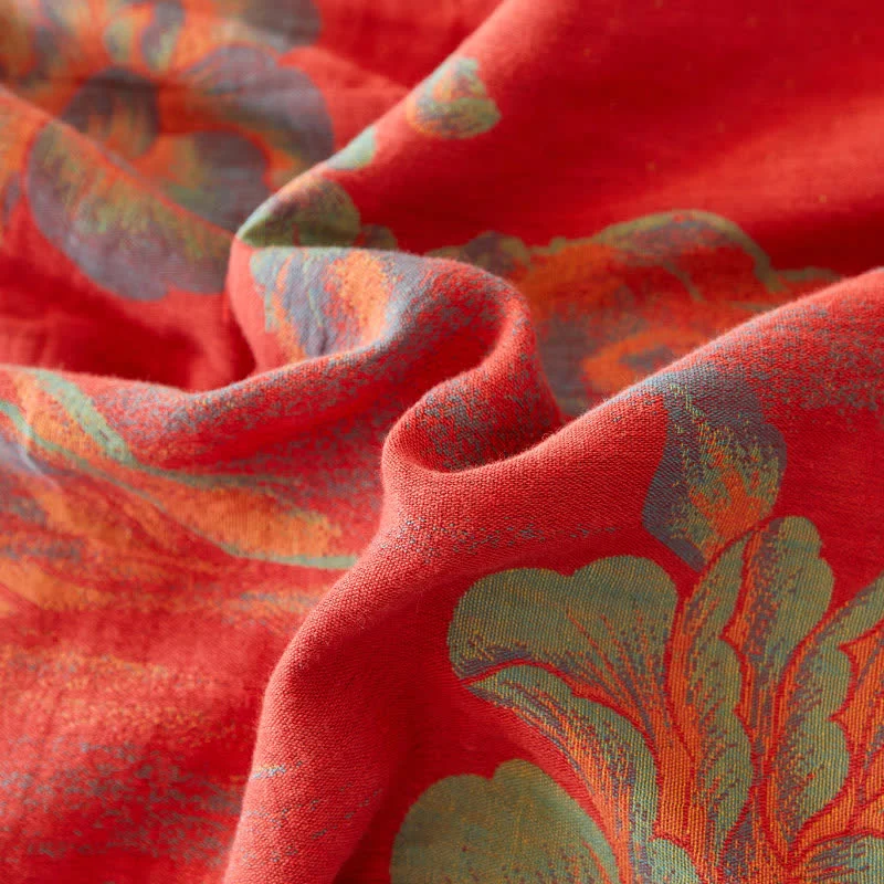 Wende-Bettdecke aus garngefärbtem Jacquard-Baumwollgaze in Pfingstrose