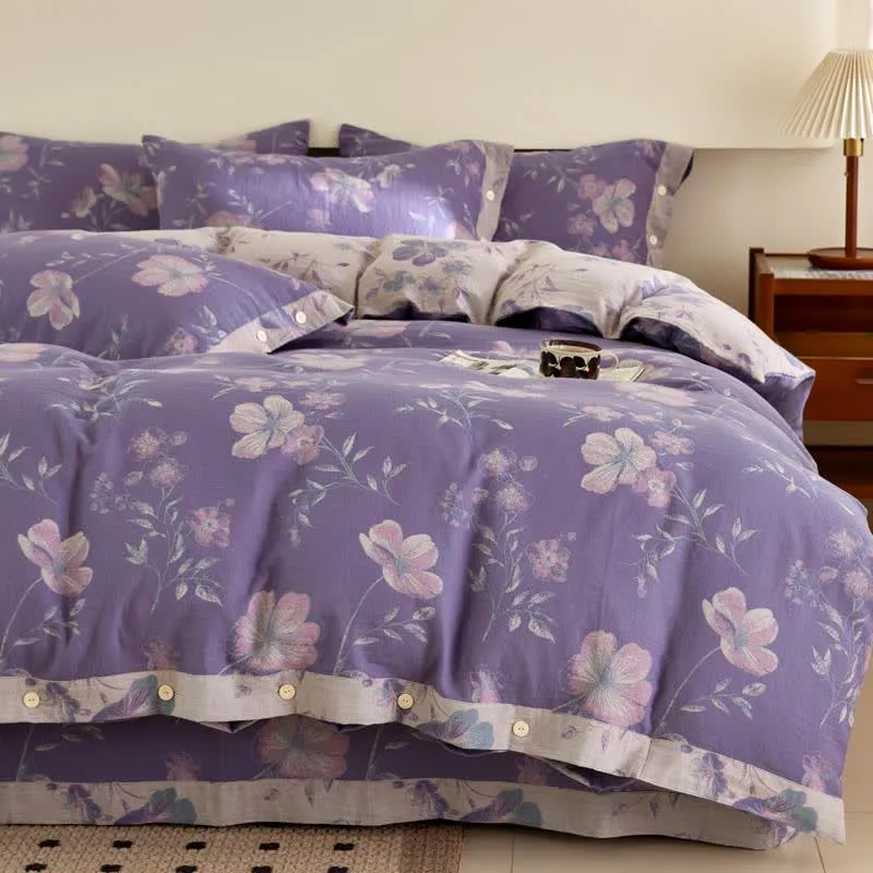 Lila geblümte Jacquard-Baumwollgaze-Bettwäsche