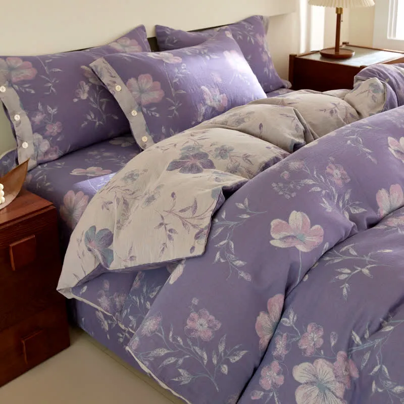 Lila geblümte Jacquard-Baumwollgaze-Bettwäsche