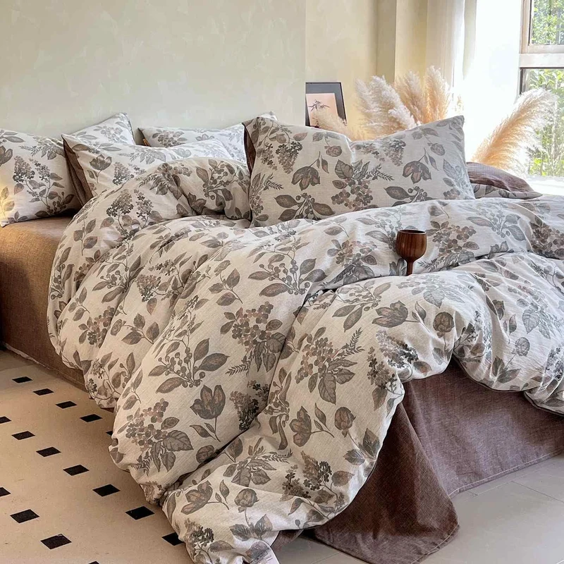 Ownkoti Bettwäsche-Set mit Vintage-Blattmuster (4-teilig)