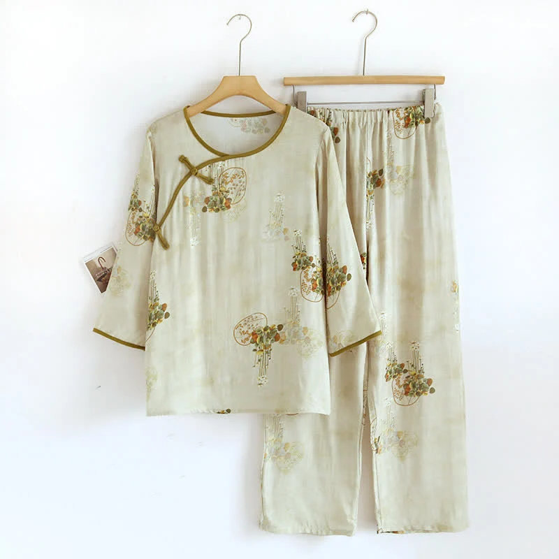Retro-Pyjama-Set aus Bambusfaser mit Blumenmuster