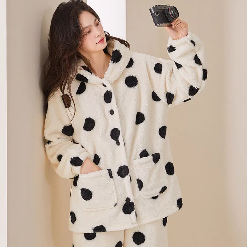 Polka Dot Kapuzen-Plüsch-Loungewear-Set