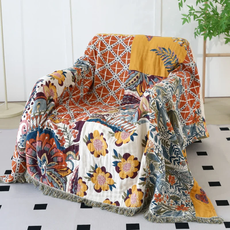 Wendesteppdecke aus Baumwollgaze mit Blumenmuster im Ethno-Stil