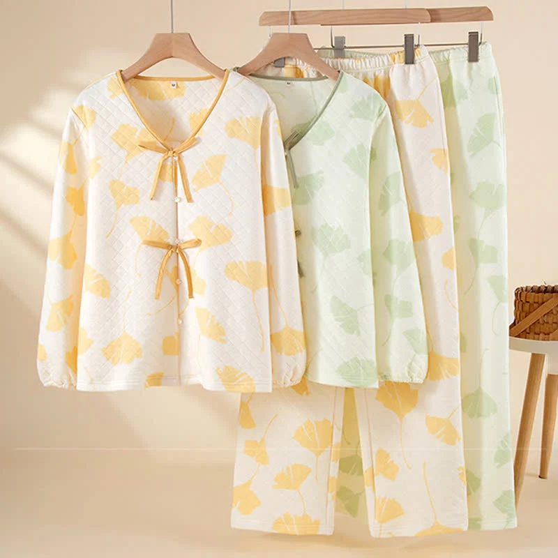 Warmes Loungewear-Set aus Baumwolle mit Ginkgoblättern
