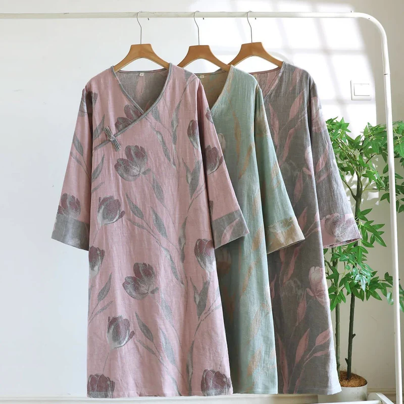 Tulip Nachthemd aus natürlichem Baumwollgaze-Jacquard