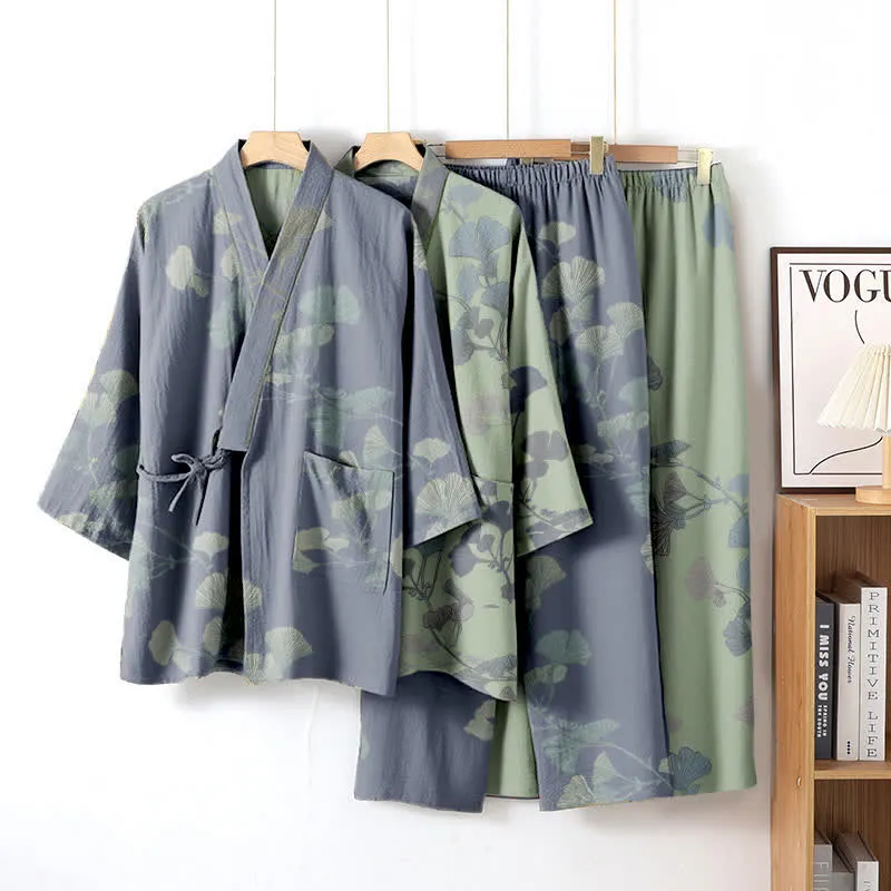 Ginkgoblatt-Kimono aus Bio-Baumwolle, Loungewear