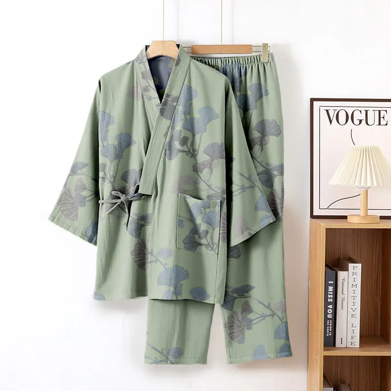 Ginkgoblatt-Kimono aus Bio-Baumwolle, Loungewear