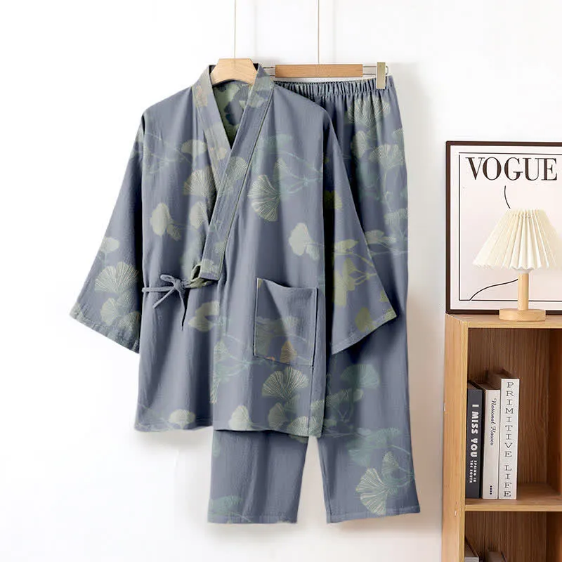 Ginkgoblatt-Kimono aus Bio-Baumwolle, Loungewear