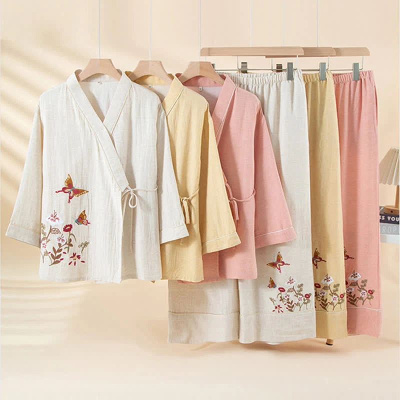 Kimono-Loungewear-Set mit Schmetterlings- und Blumenstickerei
