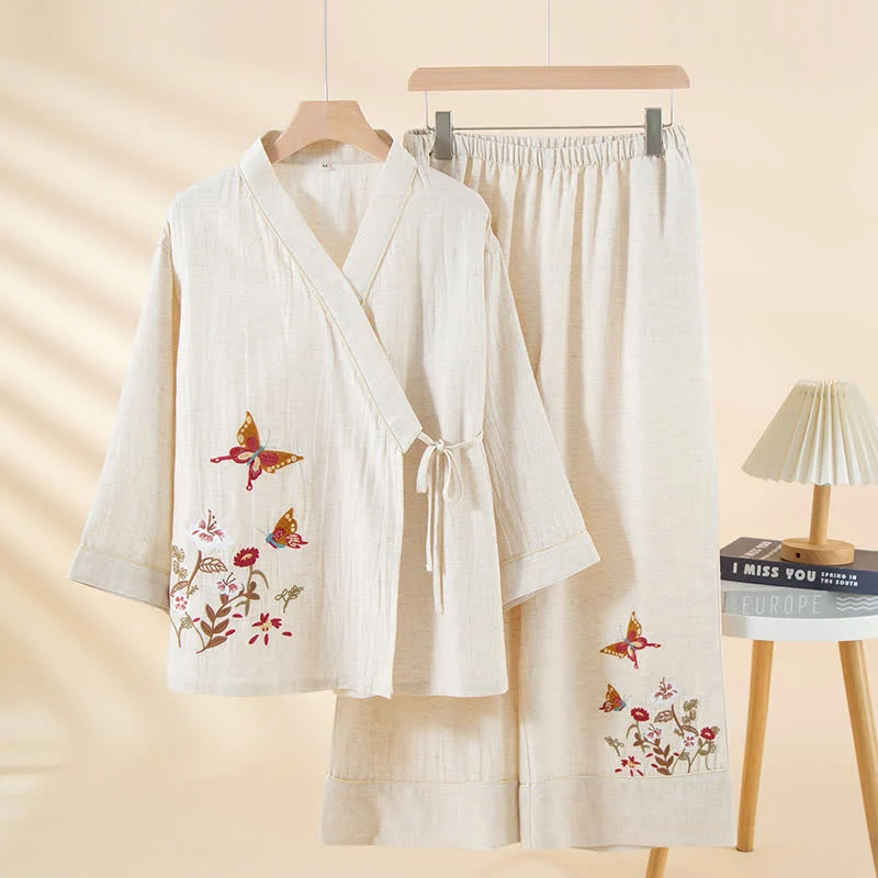 Kimono-Loungewear-Set mit Schmetterlings- und Blumenstickerei