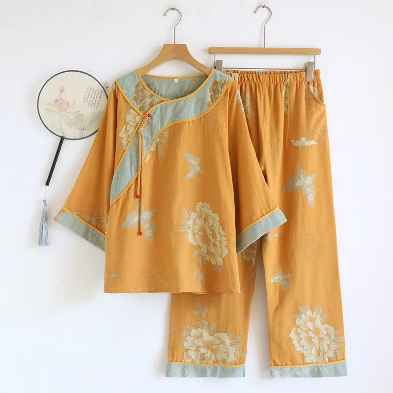 Pyjama aus Baumwollgaze mit Pfingstrosen- und Schmetterlingsmuster (Jacquard)