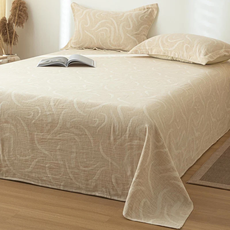 Beige Tagesdecke aus strukturiertem Baumwollleinen mit Kurvenmuster