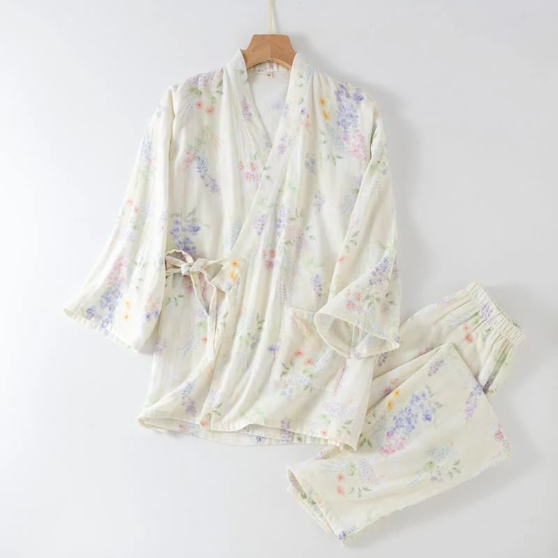 Japanischer Pyjama aus Baumwollgaze mit Hortensien-Print