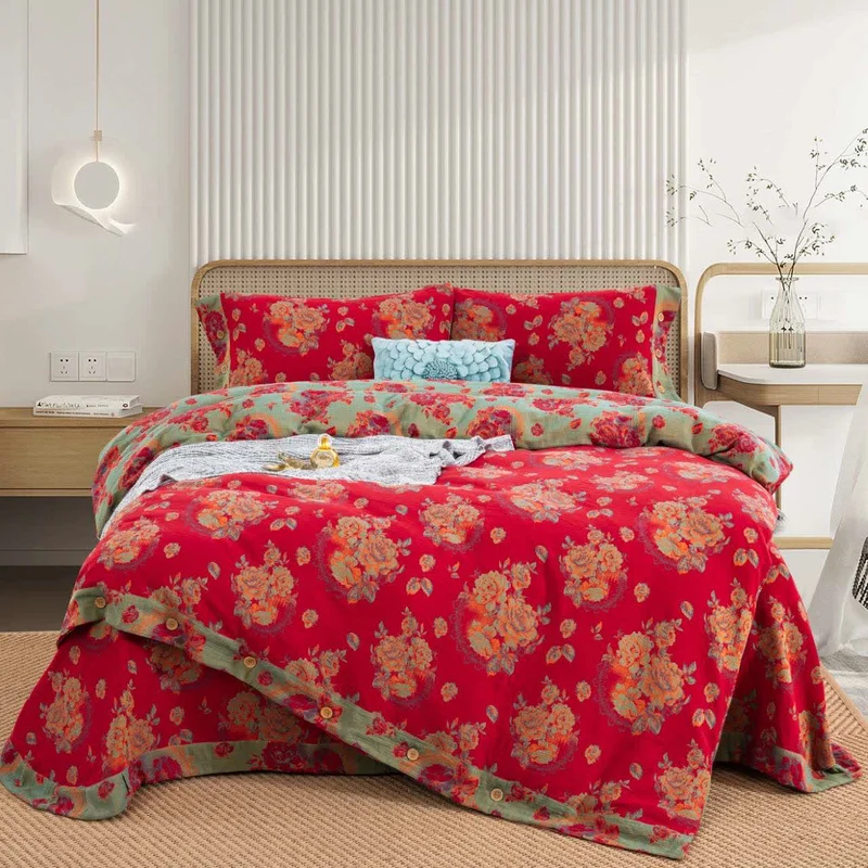 Ownkoti Luxuriöse Bettwäsche aus reiner Baumwollgaze mit Blumenmuster (4-teilig)