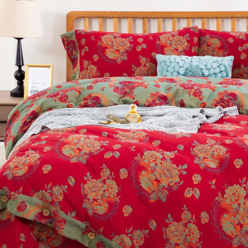 Ownkoti Luxuriöse Bettwäsche aus reiner Baumwollgaze mit Blumenmuster (4-teilig)