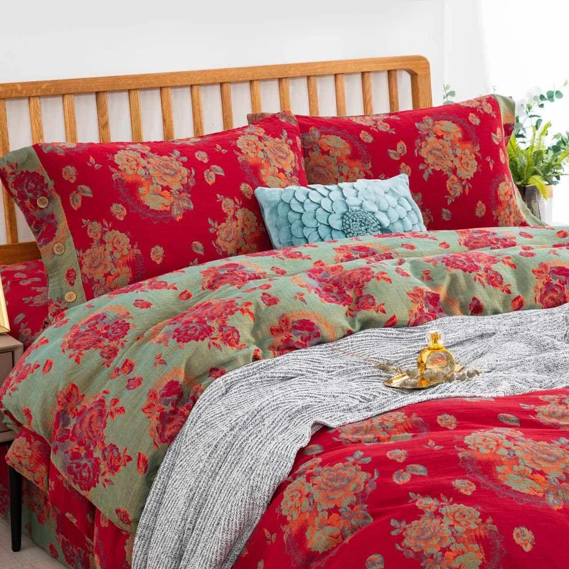 Ownkoti Luxuriöse Bettwäsche aus reiner Baumwollgaze mit Blumenmuster (4-teilig)
