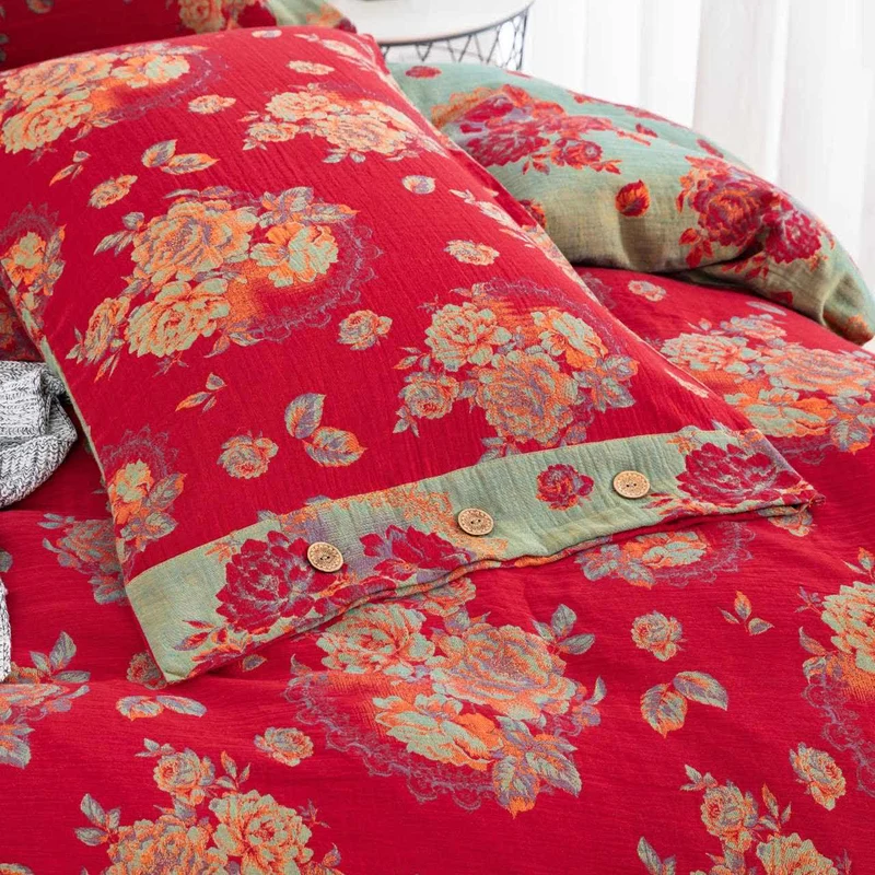 Ownkoti Luxuriöse Bettwäsche aus reiner Baumwollgaze mit Blumenmuster (4-teilig)