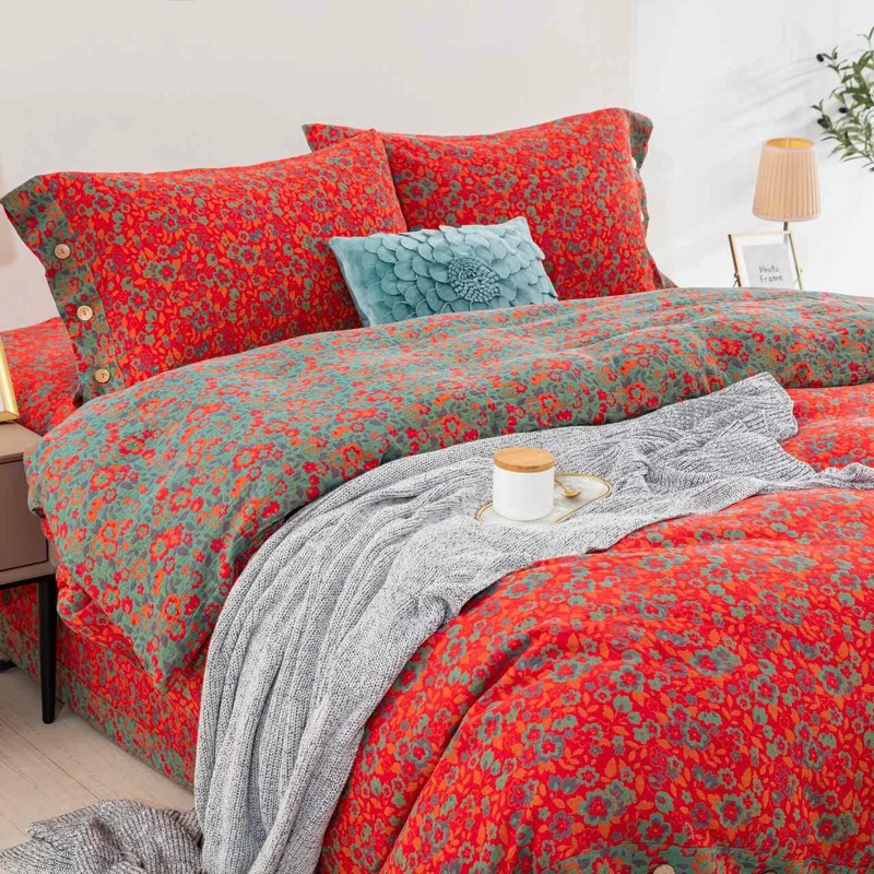 Ownkoti Bettwäsche mit Blumenmuster aus reiner Baumwollgaze (4-teilig)