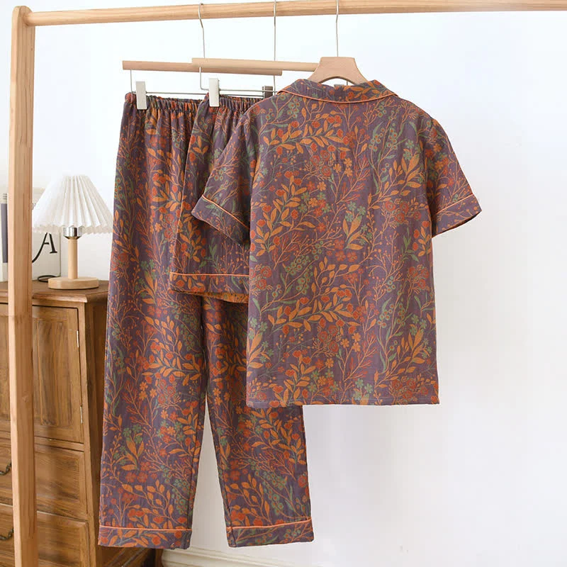 Kurzärmeliges Loungewear-Set aus garngefärbter Baumwolle im Jacquard-Stil (3-teilig)