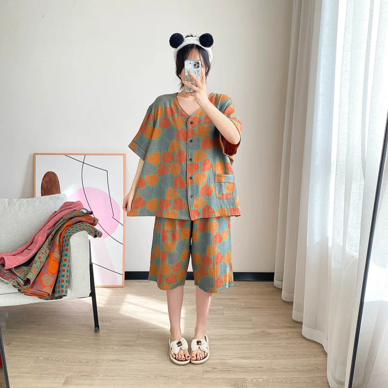 Loungewear-Set mit kurzen Ärmeln und Vintage-Jacquardmuster in Übergröße