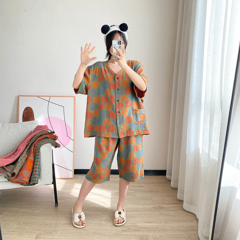 Loungewear-Set mit kurzen Ärmeln und Vintage-Jacquardmuster in Übergröße