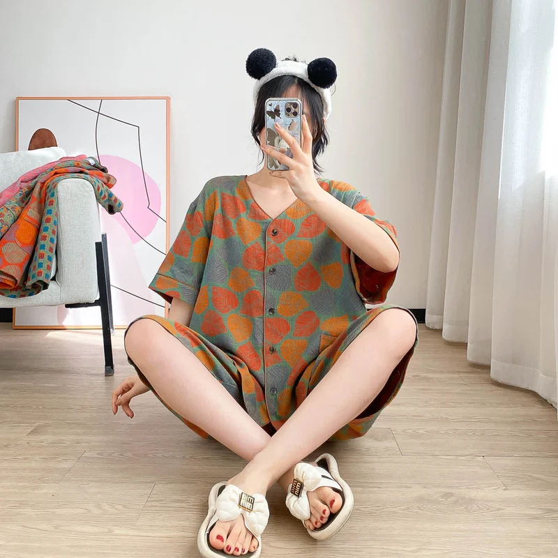 Loungewear-Set mit kurzen Ärmeln und Vintage-Jacquardmuster in Übergröße