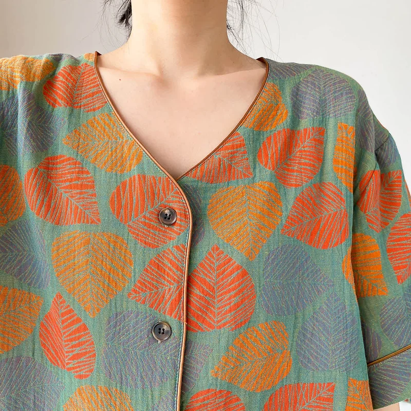 Loungewear-Set mit kurzen Ärmeln und Vintage-Jacquardmuster in Übergröße