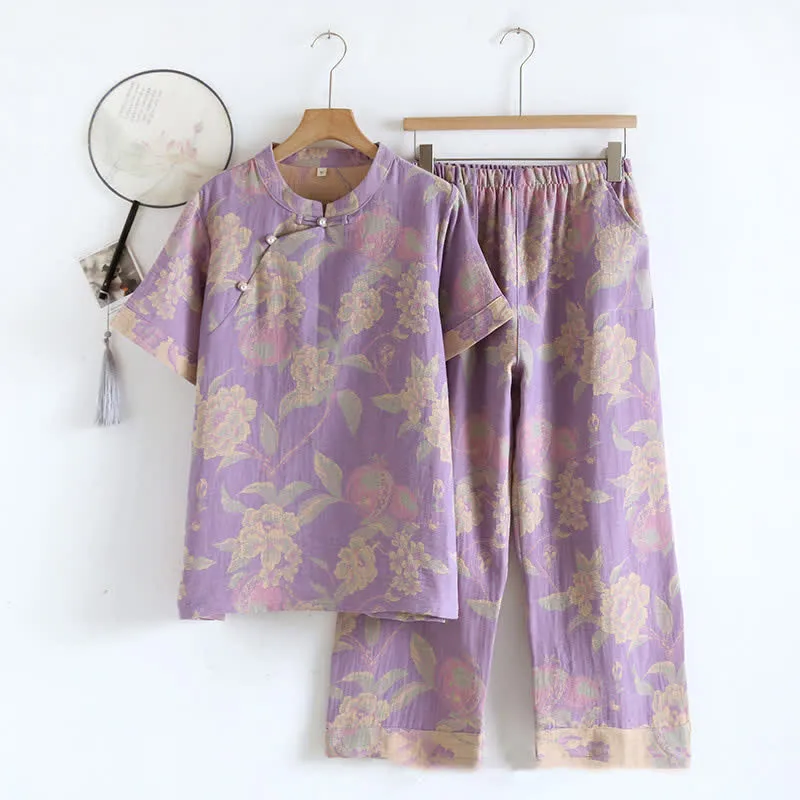 Retro-Loungewear-Set aus garngefärbter Baumwolle mit kurzen Ärmeln