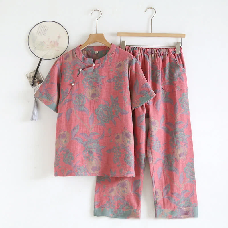 Retro-Loungewear-Set aus garngefärbter Baumwolle mit kurzen Ärmeln