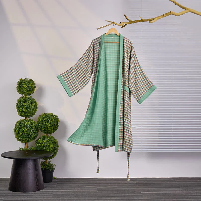 Karierte Kimono-Yukata-Robe aus Baumwollgaze