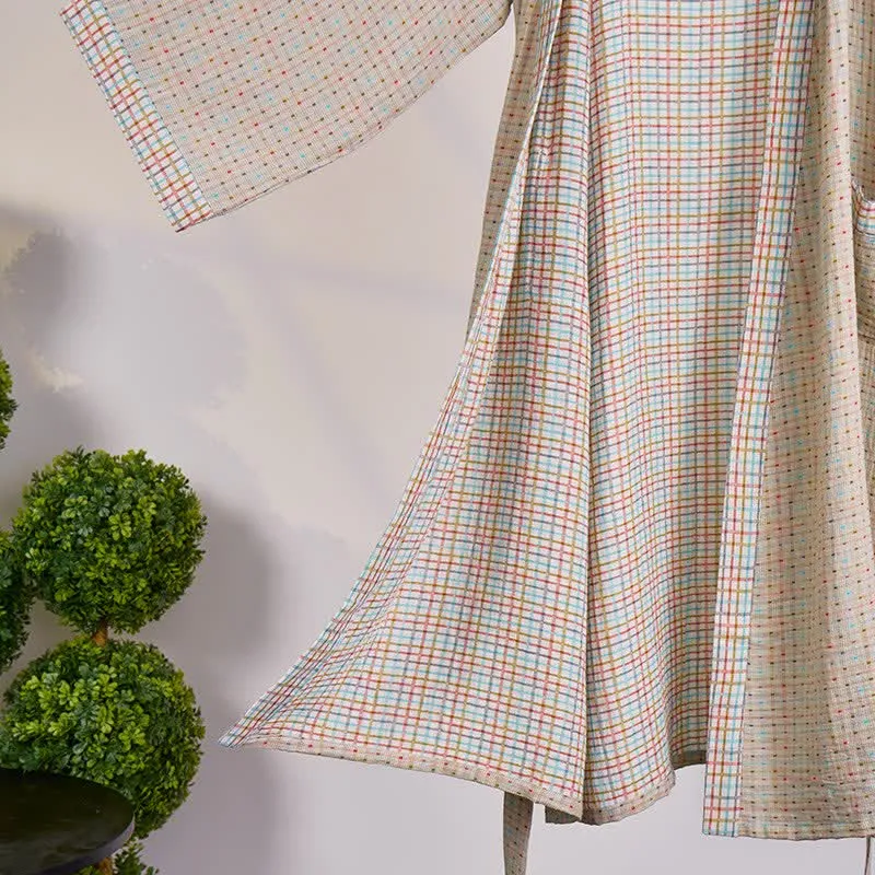 Bunter Kimono-Bademantel aus Baumwollgaze mit Gingham-Muster