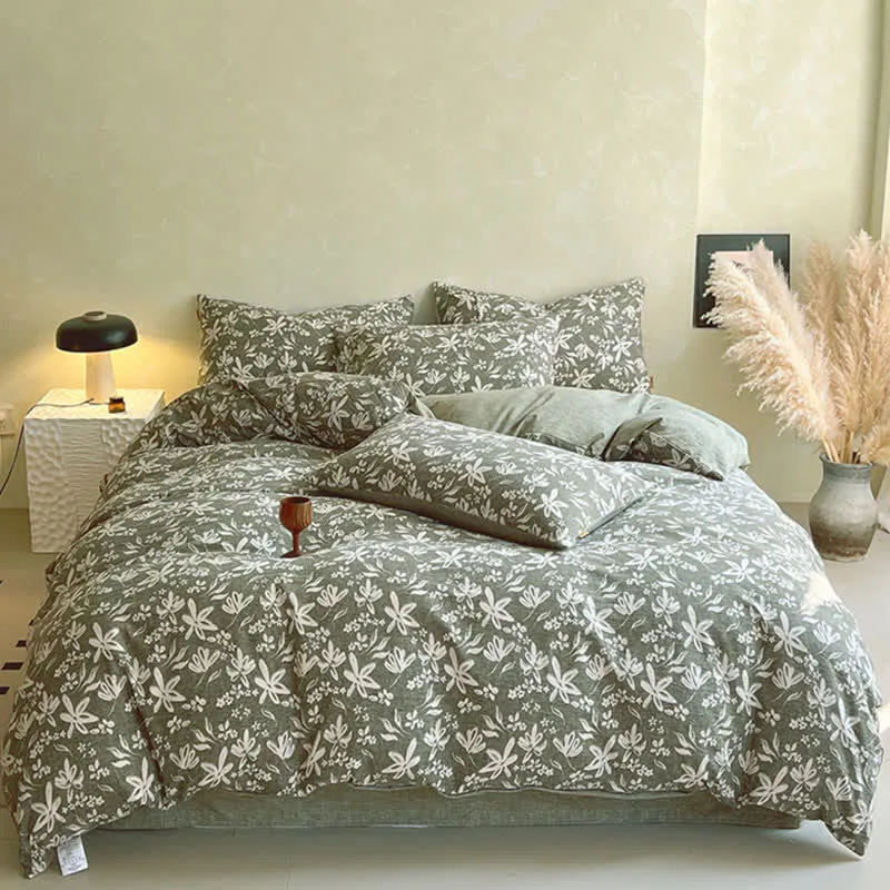 Ownkoti Bettwäsche-Set mit grünem Blumenmuster (4-teilig)