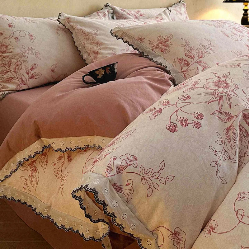 Ownkoti Bettwäsche-Set aus gebürsteter Baumwolle mit floraler Spitze